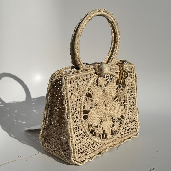 Rodebjer Palm Bag Handwoven Raffia Floral Structured Handbag Natural Canvas NWT - Picture 8 of 16